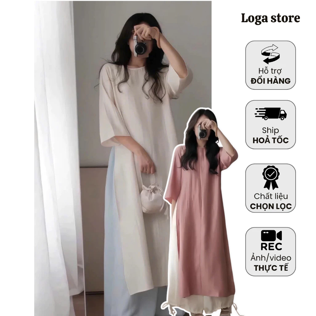 Set dài nữ Tết tay lỡ form xuông 2 màu , Áo dài tơ kèm quần đũi dáng bí Tết Loga Store L023