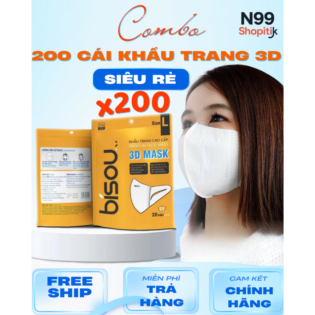 200 cái Khẩu trang 3D Bisou quai vải kháng khuẩn không mùi chống bụi phấn cao cấp