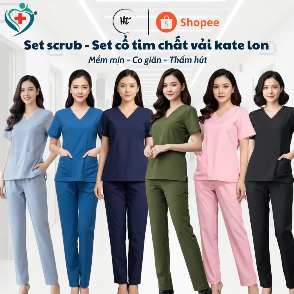 Bộ Scrubs bác sĩ, blouse cổ tim, đồng phục điều dưỡng, spa, thẩm mỹ viện, dược sĩ chất vải kate lon