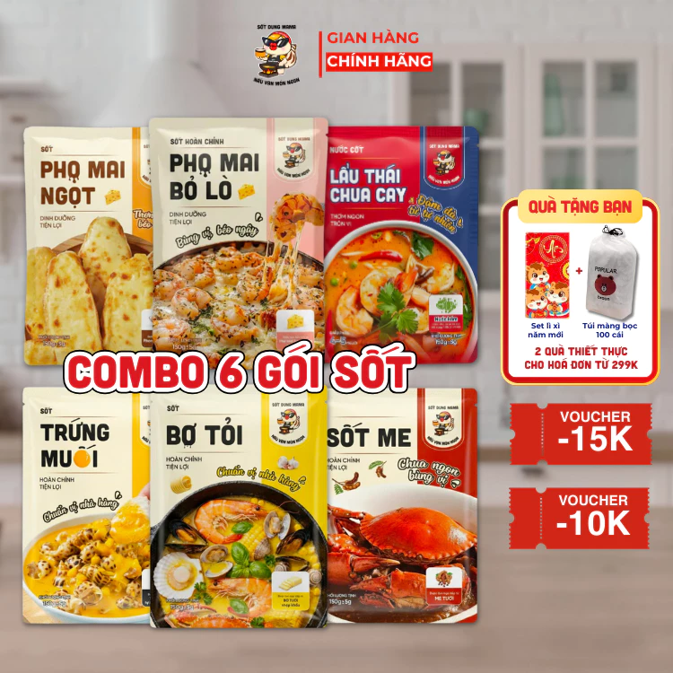 Combo 6 sốt best seller gồm Sốt Phomai Ngọt, Phomai Bỏ Lò, Trứng Muối, Bơ Tỏi, Sốt Me, Cốt Lẩu Thái