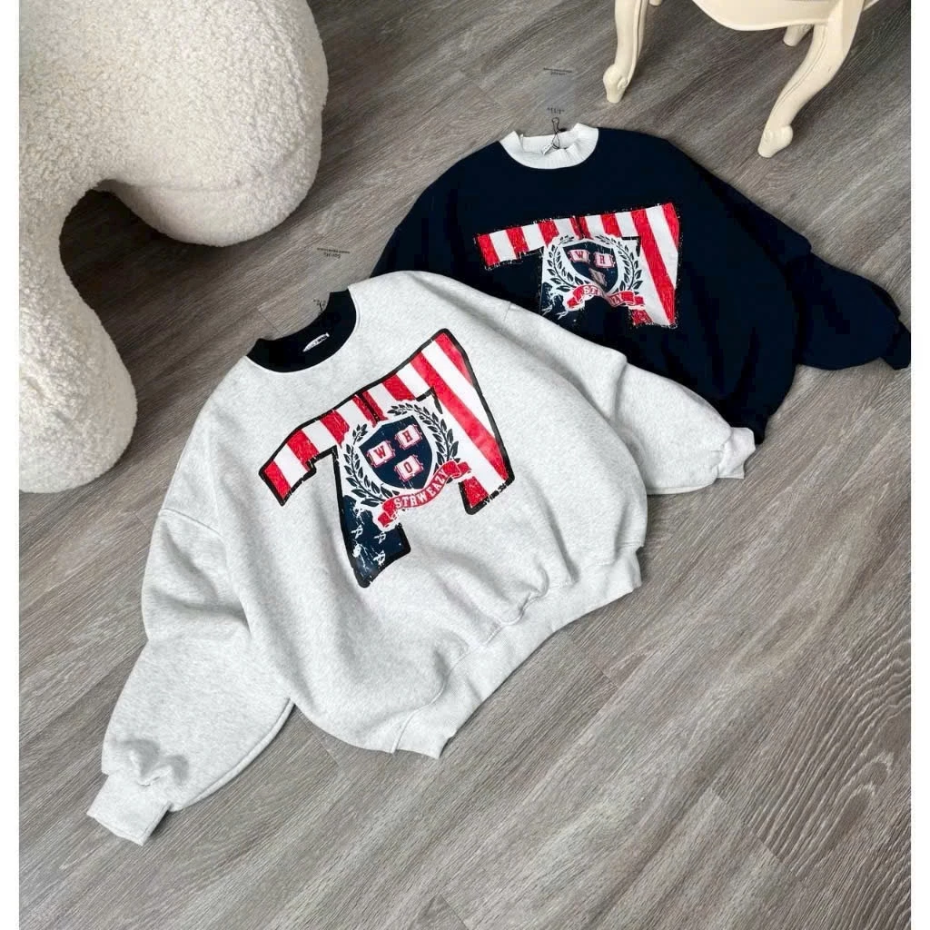 áo hoodie không có mũ nam nữ  - Sweater Cờ Số 77 Cổ Tròn Khoác Nỉ Mặc Ấm Top Jacket Phong Cách Thời Trang