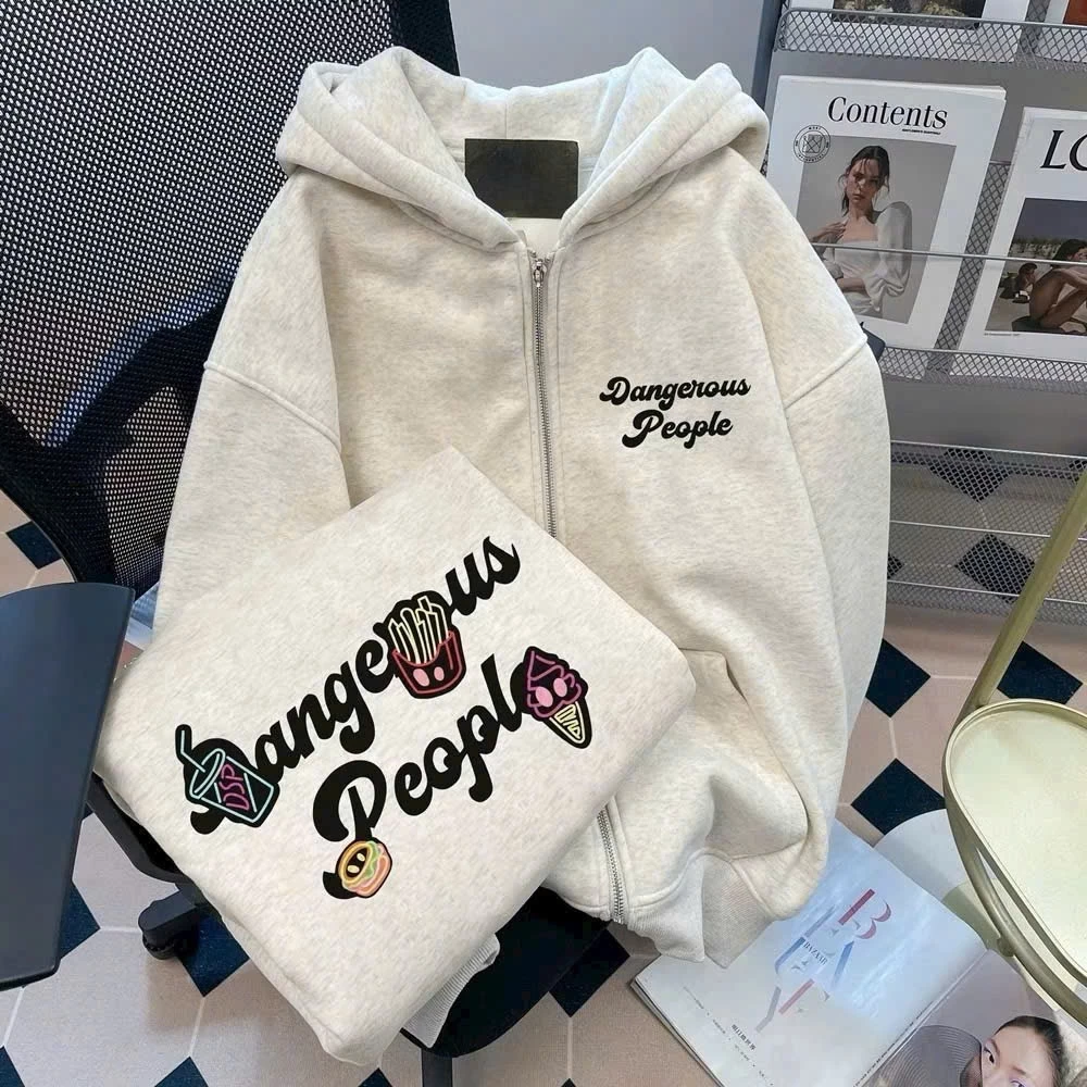 áo khoác hoodie Nam nữ girl phố Nỉ Khóa Zip MÀu Xám In Chữ Dangerous People Nón Mũ To Rộng Top Jacket Menswear