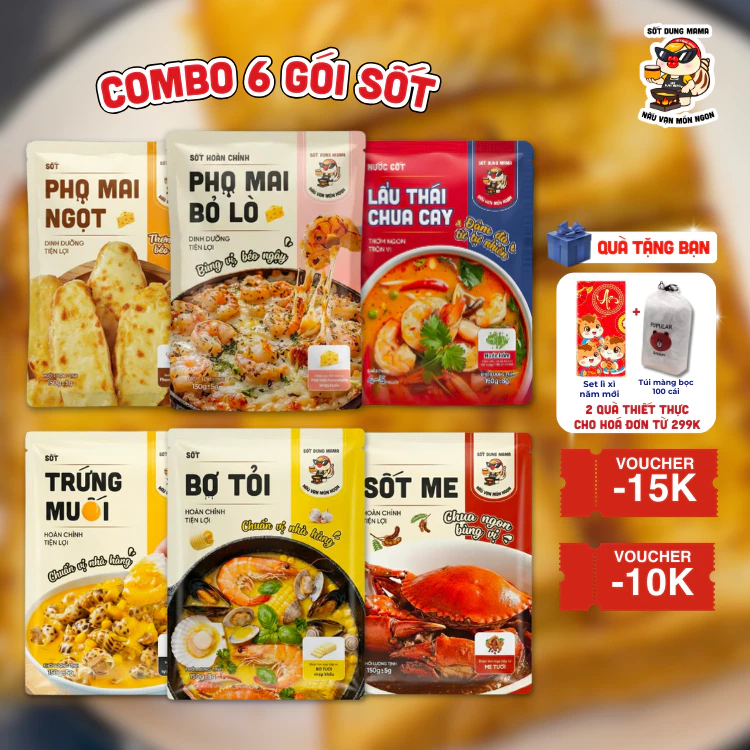 COMBO 6 LOẠI SỐT PHOMAI BÒ LÒ, SỐT PHOMAI NGỌT, SỐT TRỨNG MUỐI, SỐT ME, SỐT BƠ TỎI, CỐT LẨU THÁI