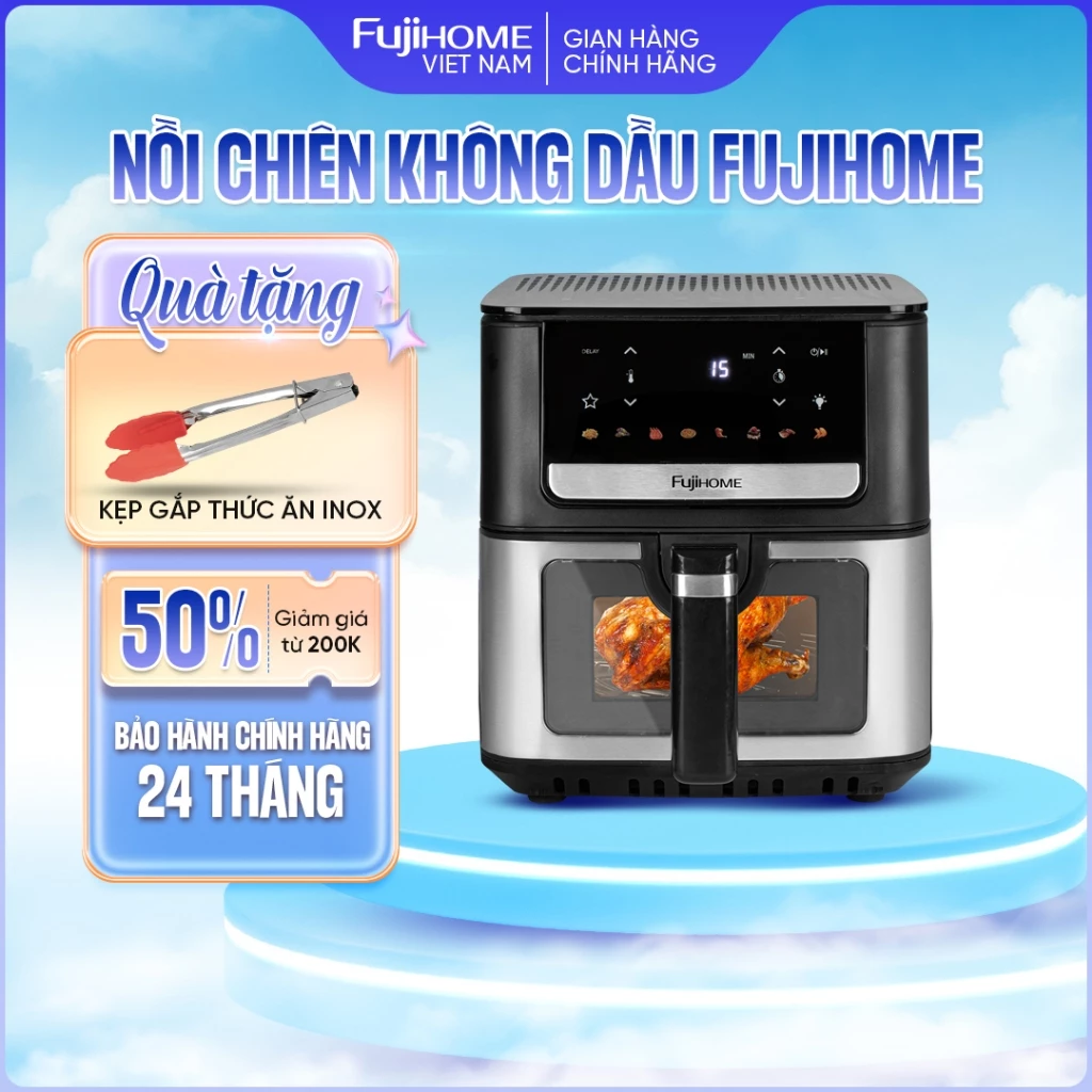 Nồi chiên không dầu 7L Nhập Khẩu FUJIHOME, nồi chiên điện tử mặt kính chịu nhiệt menu 8 chế độ tùy chọn tiết kiệm điện