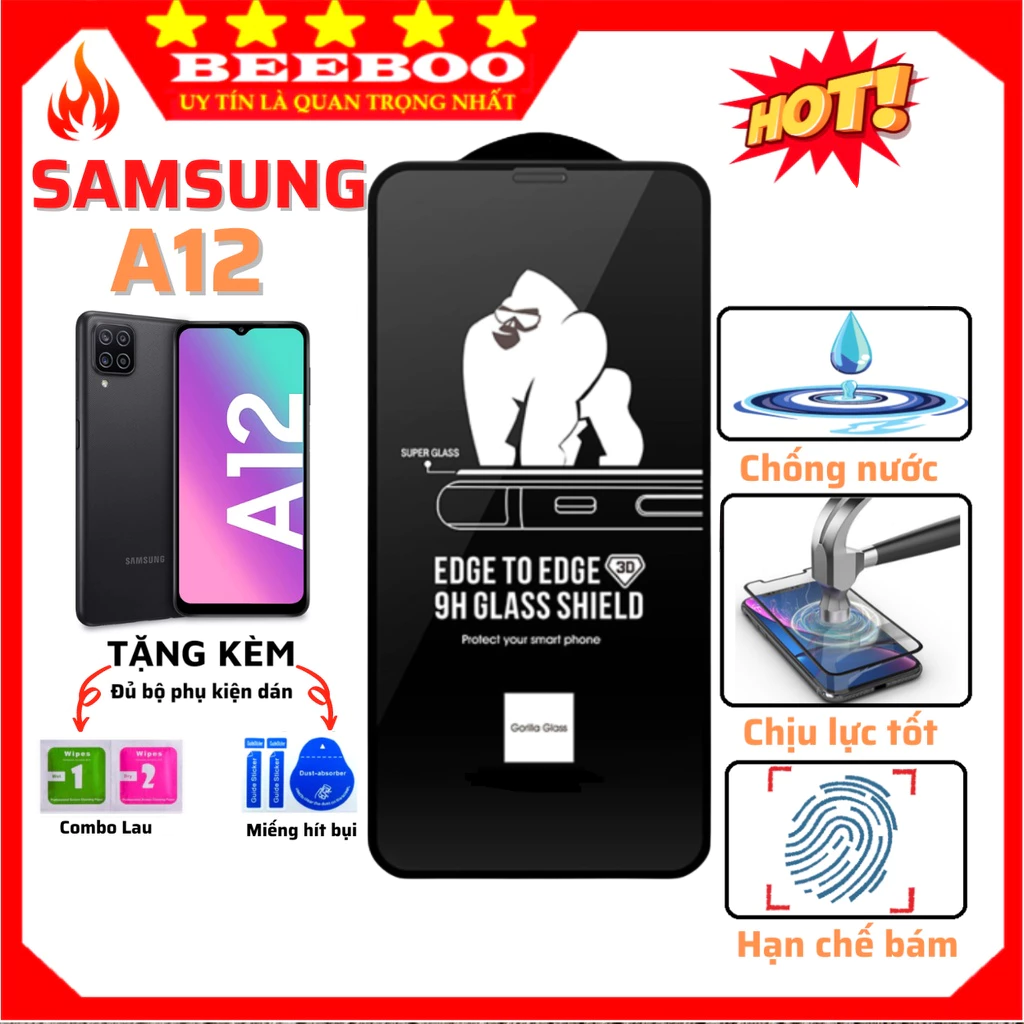 Kính Cường Lực Samsung A12 Full Keo 9H – Trong Suốt HD – Full Màn KK,[KK7]