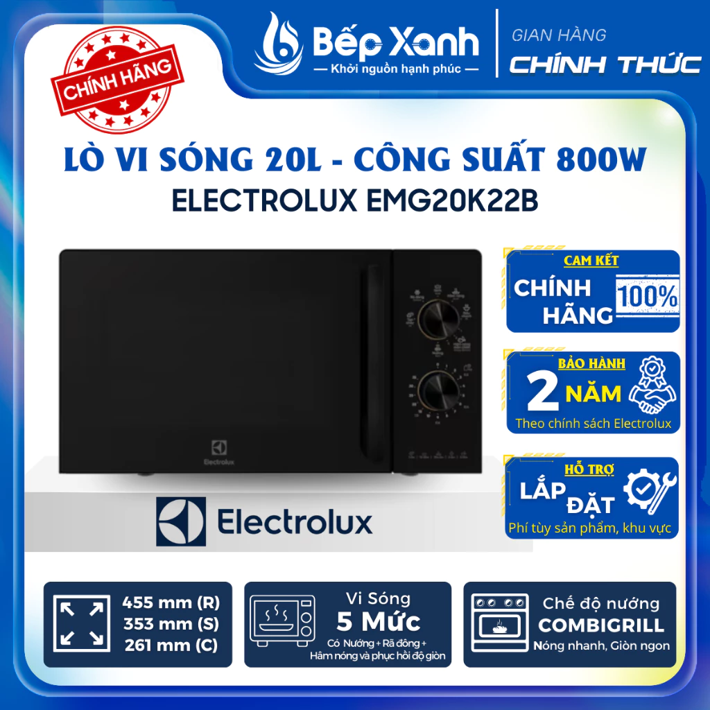 Lò Vi Sóng Có Nướng 20L Electrolux EMG20K22B - Công Suất 800W - Bảo Hành Chính Hãng 2 Năm