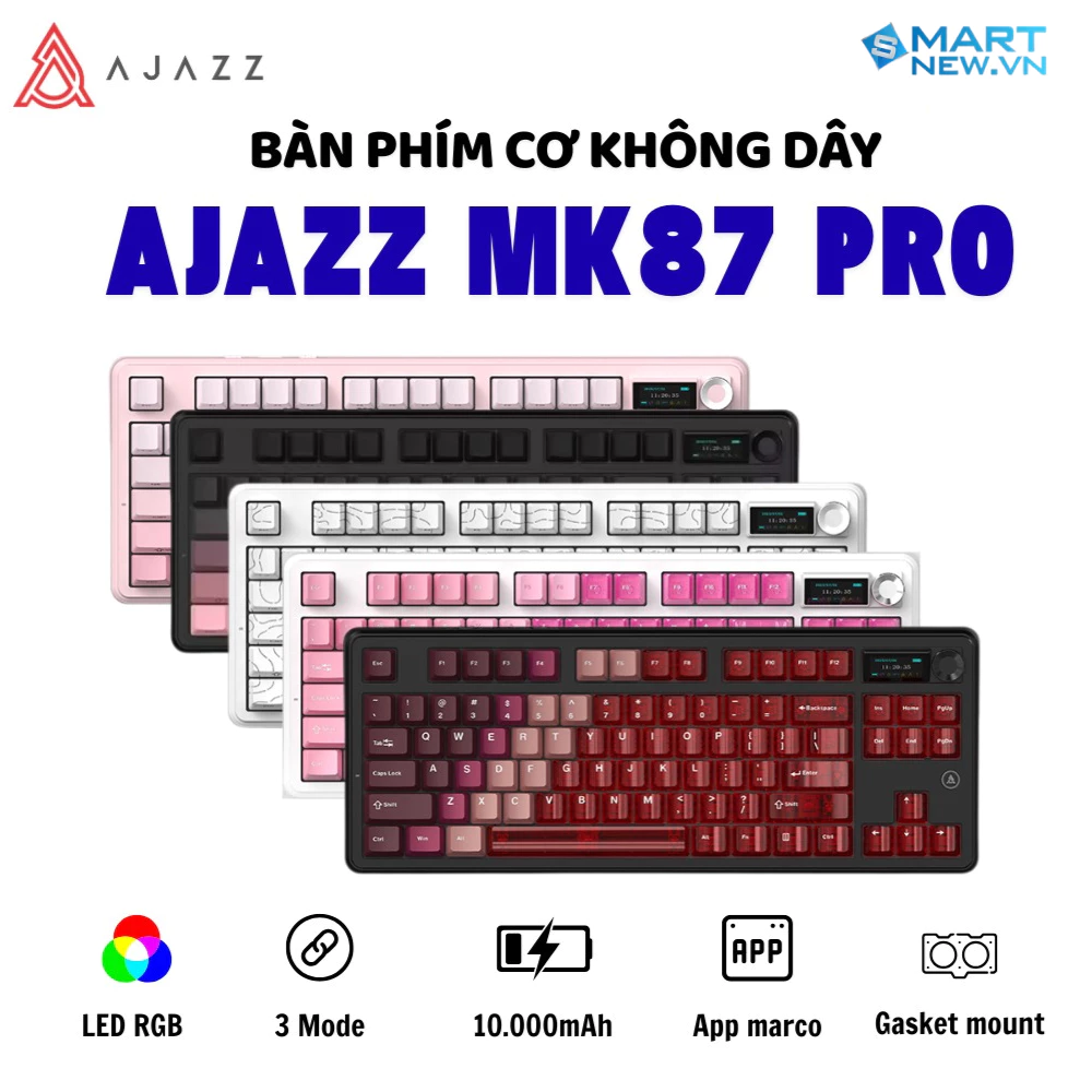 Bàn phím cơ không dây Ajazz MK87 Pro - Mạch xuôi - Màn hình TFT - LED RGB - Gasketmount - Núm xoay - Pin 10000mah