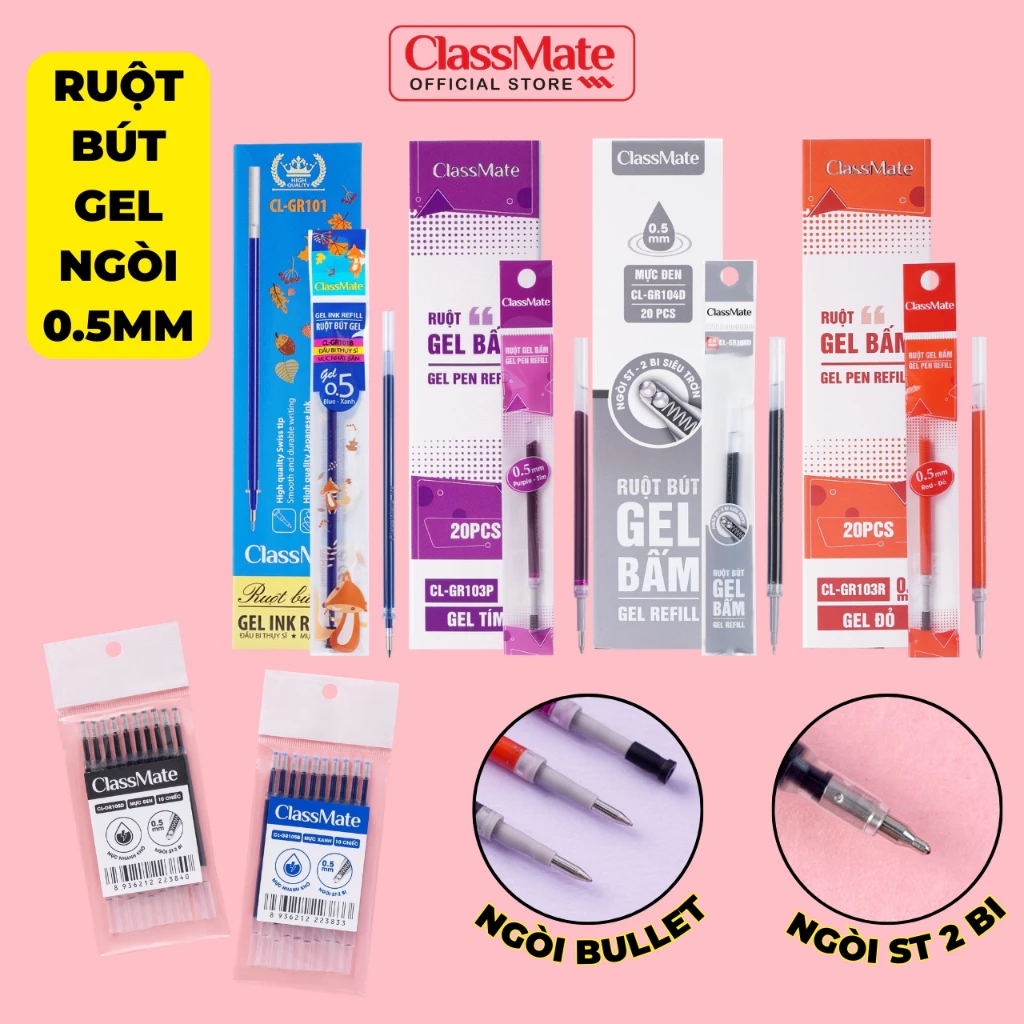 Combo 10 20 Ruột Bút Gel Bấm Ngòi ST 0.5mm CLASSMATE Ruột Bút Gel Nắp, Viết Trơn, Nét Đẹp, Đều Mực, Nhanh Khô