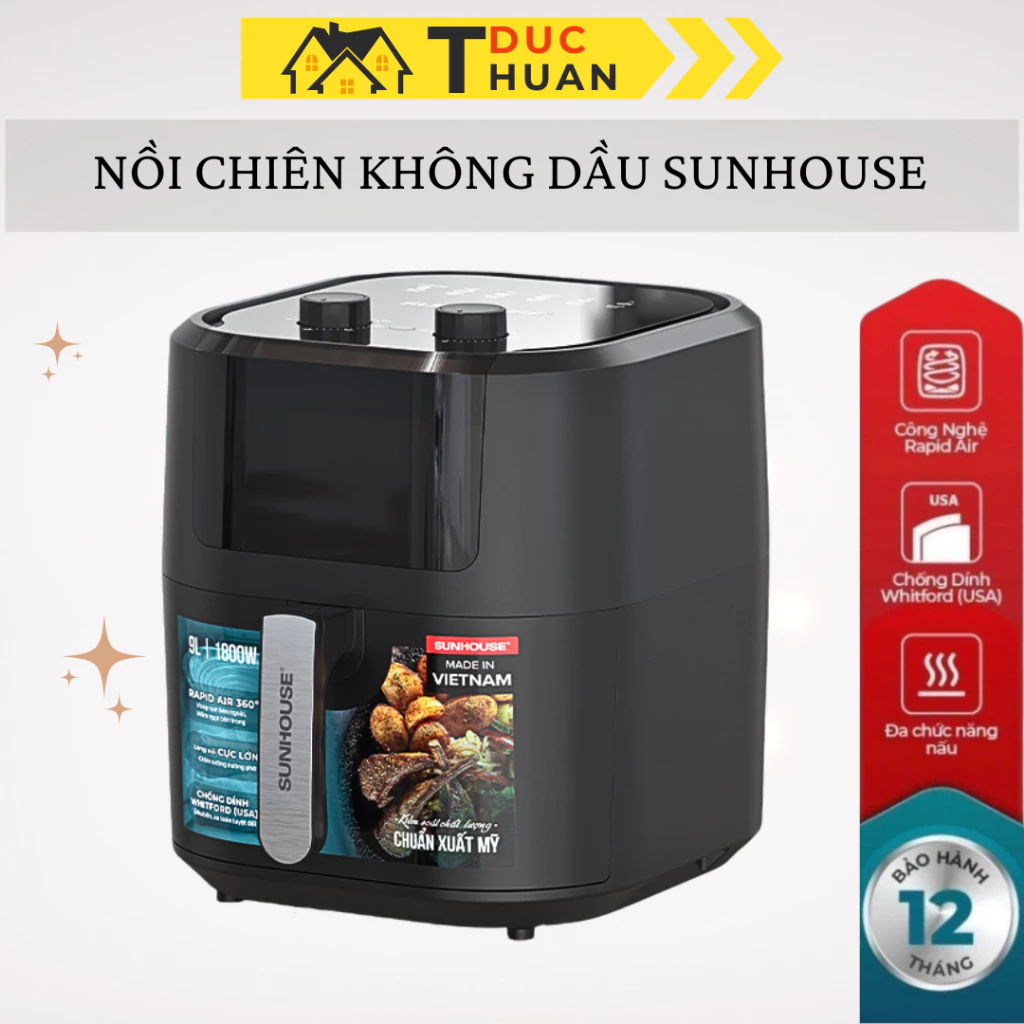 Nồi Chiên Không Dầu SUNHOUSE SHD4037 - 9L, Công Suất 1800W, Núm Vặn Cơ - DT HOME