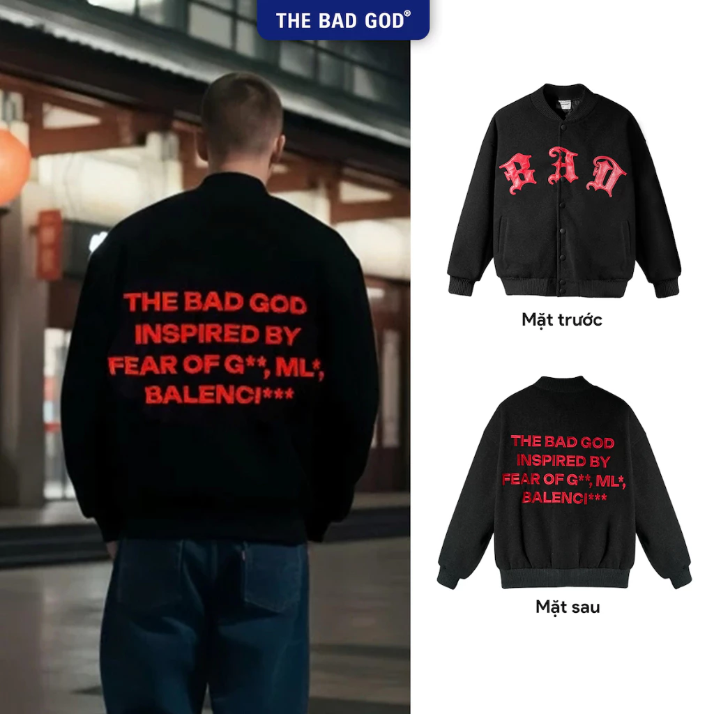 Áo Khoác Bomber Varsity Trần Bông The Bad God HELLA Form Rộng Streetwear Unisex