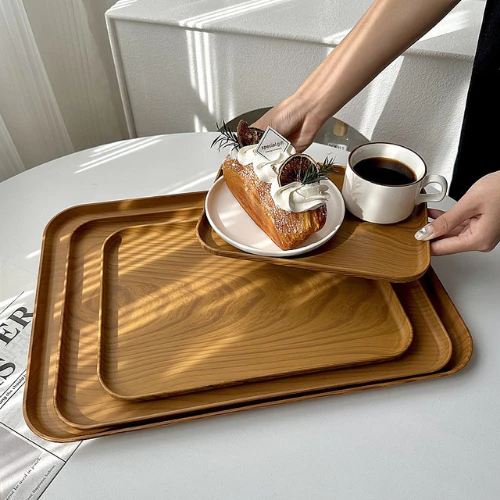 Khay Nhựa vân gỗ Có Tay Cầm Dùng Để Bưng Bê Đồ Ăn Đồ Uống Nhà Hàng Khách Sạn Cafe