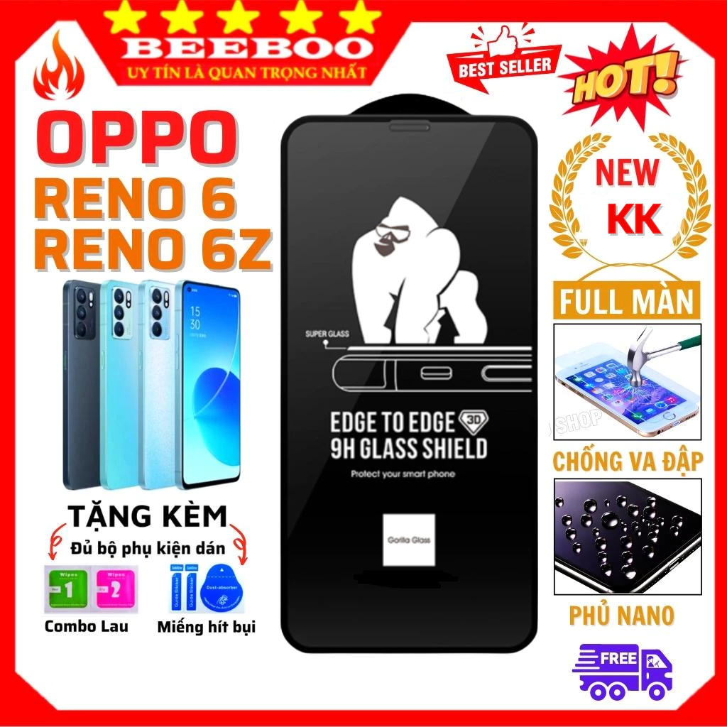 Kính Cường Lực Oppo Reno 6 5g Reno 6z 5g - Full Keo 9H – Trong Suốt HD – Full Màn – Mượt Tay KK
