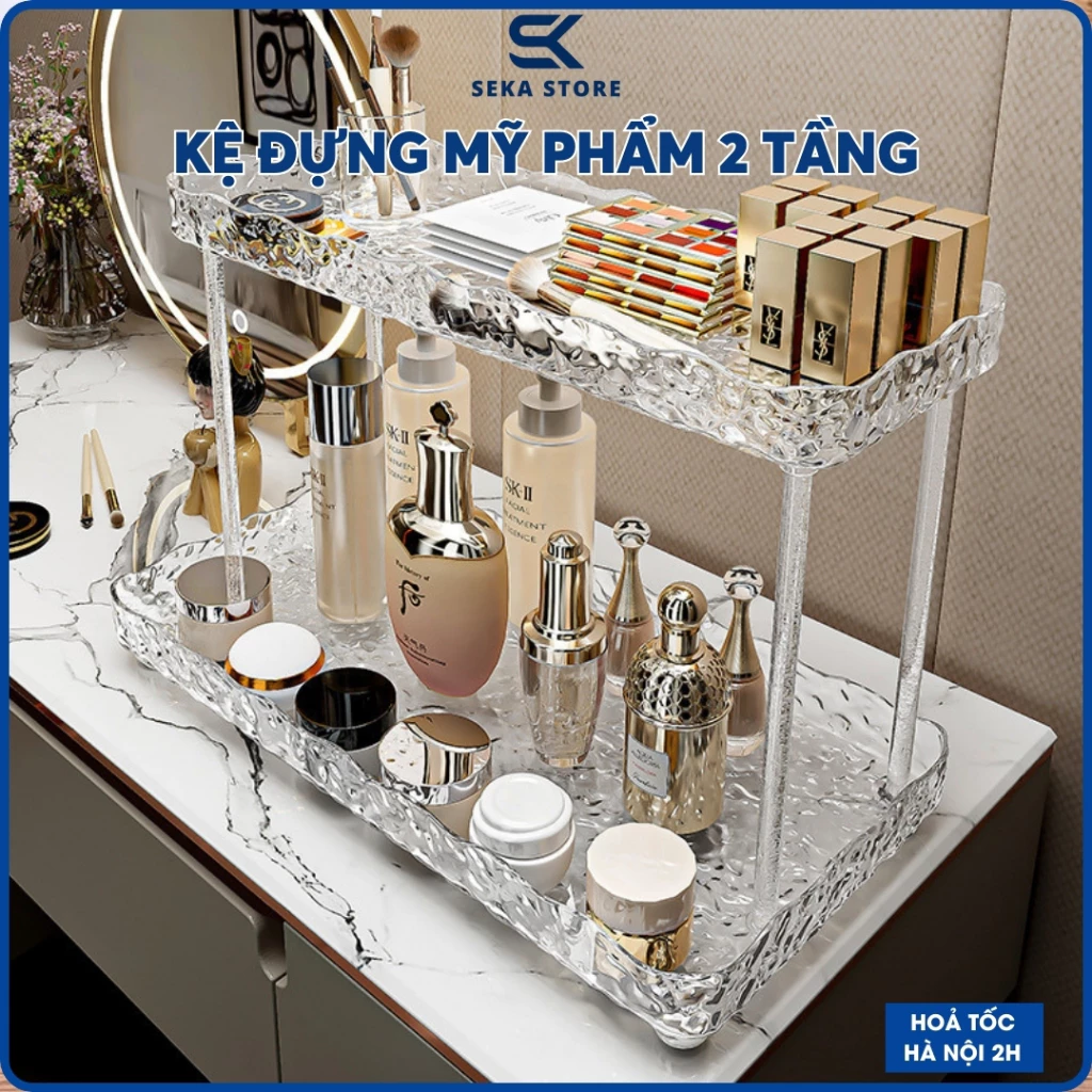 Kệ Đựng Mỹ Phẩm Để Bàn Cao Cấp 2 Tầng Trong Suốt Hình Vân Sóng