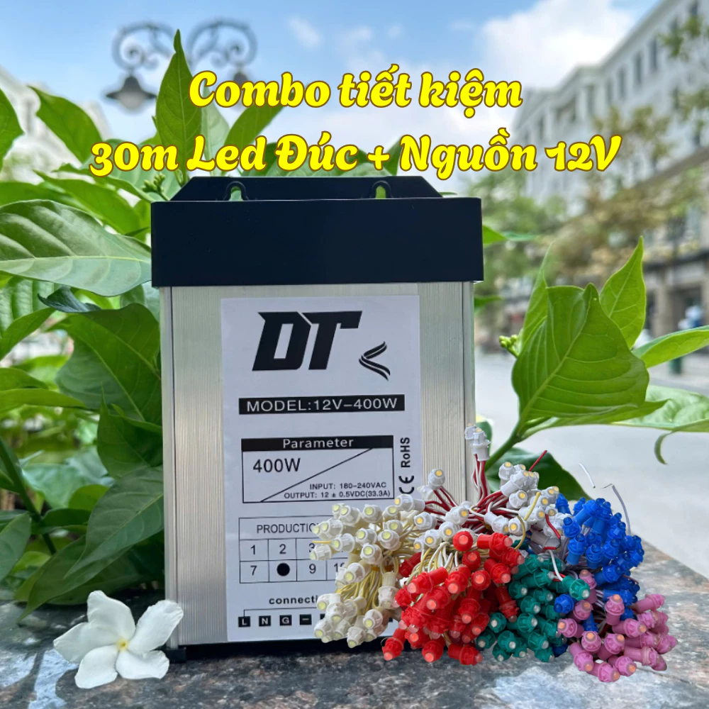 Combo 10 dây led đúc f5 12v và nguồn công suất 400w chống nước trang trí ngoài trời giá rẻ, Led quấn cây đã kèm nguồn