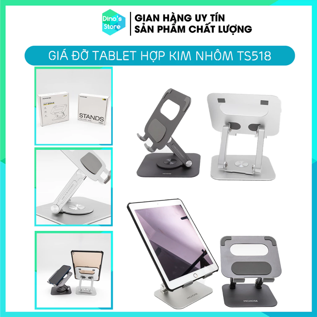 Giá đỡ iPad máy tính bảng laptop chân xoay công thái học - Đế tản nhiệt kê tablet hợp kim nhôm xoay 360 độ DinoStore