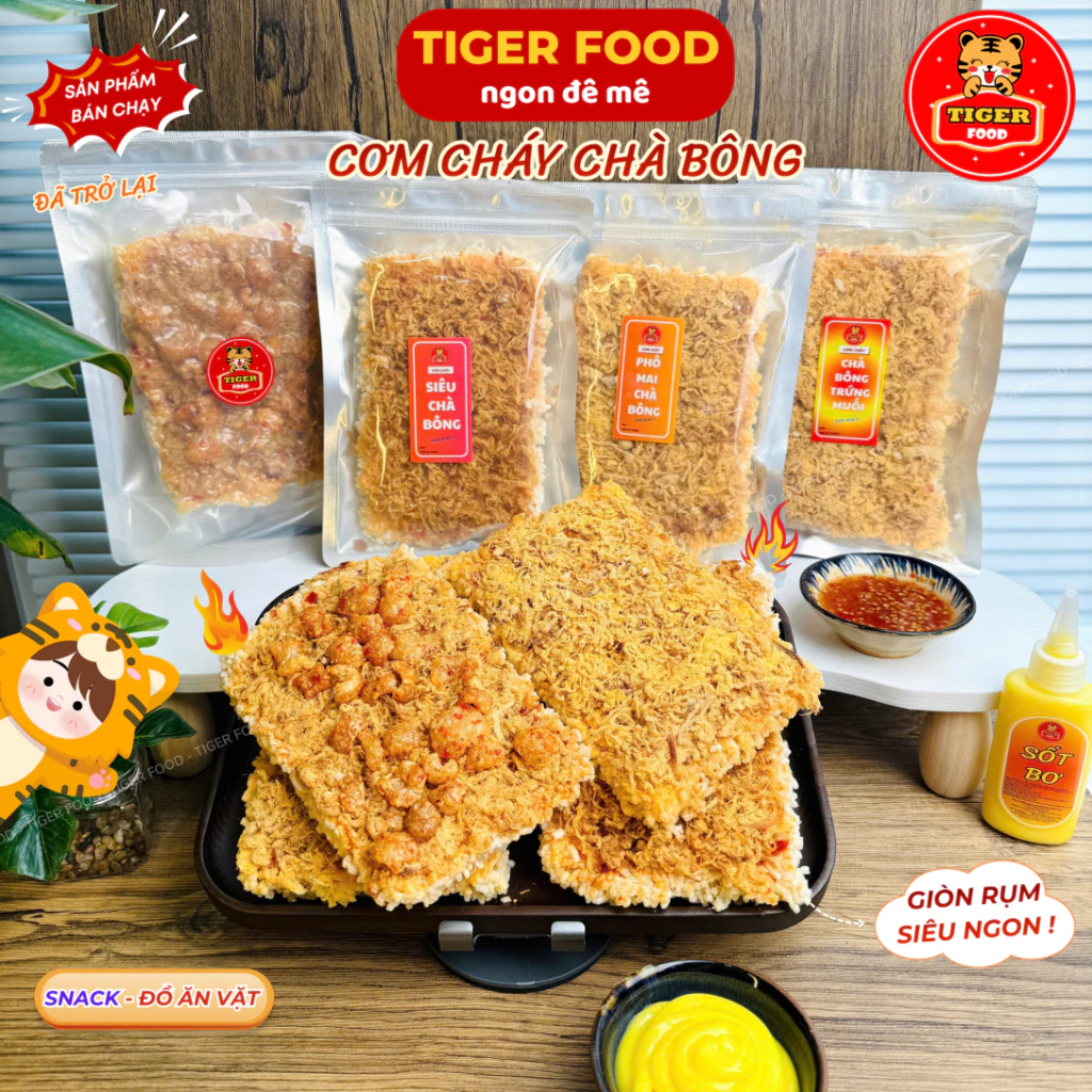 Cơm Cháy Chà Bông TIGER FOOD 04 Vị: Siêu Chà Bông, Tóp Mỡ, Phô Mai, Trứng Muối - Giòn Rụm Đậm Vị - Đồ ăn vặt Snack
