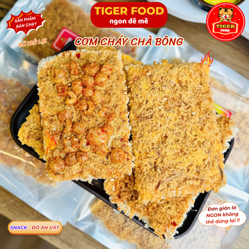 COMBO Cơm Cháy Chà Bông TIGER FOOD 4 Vị: Siêu Chà Bông, Tóp Mỡ, Phô Mai, Trứng Muối - Giòn Rụm Đậm Vị - Đồ ăn vặt Snack