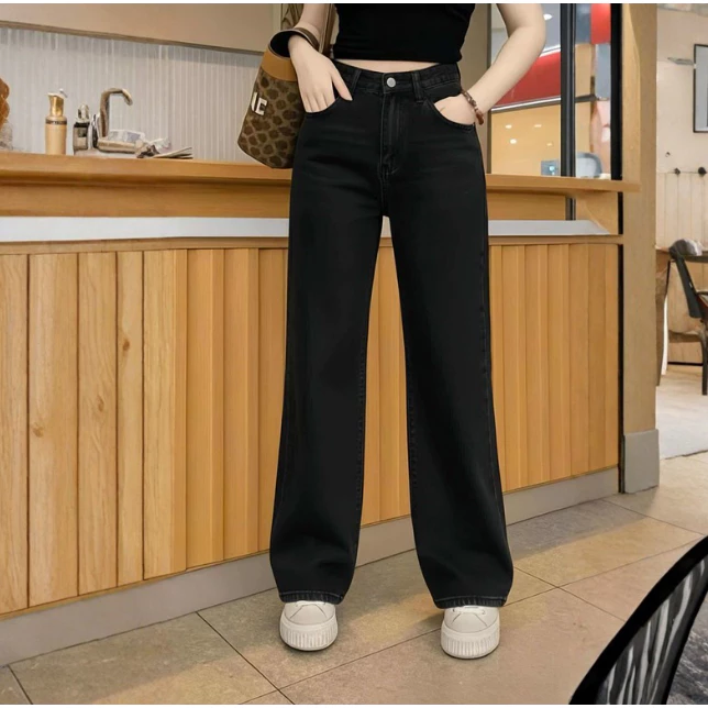 Quần Jean Nữ Ống Suông Form Rộng Cạp Cao Màu Cơ Bản- Đen | Size 45–90Kg