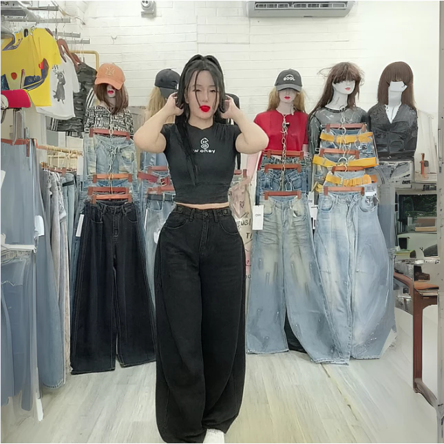 Quần Jean Nữ Ống Suông Kiểu Mới- Màu đen Có Dây Đai Tôn Mông, Cạp Cao, 2 Màu Xanh Đen | Size 40–75Kg