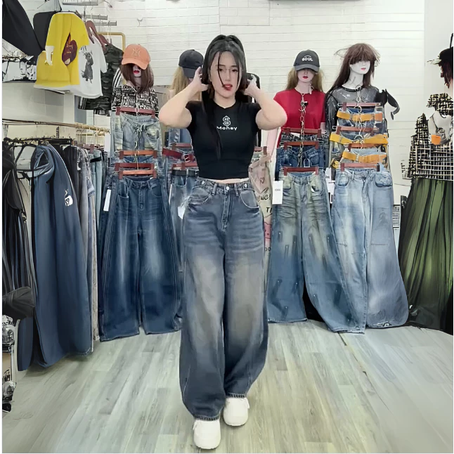 Quần Jean Nữ Ống Suông Kiểu Mới Có Dây Đai – Tôn Mông, 2 Màu Xanh Đen | Size 40–75Kg