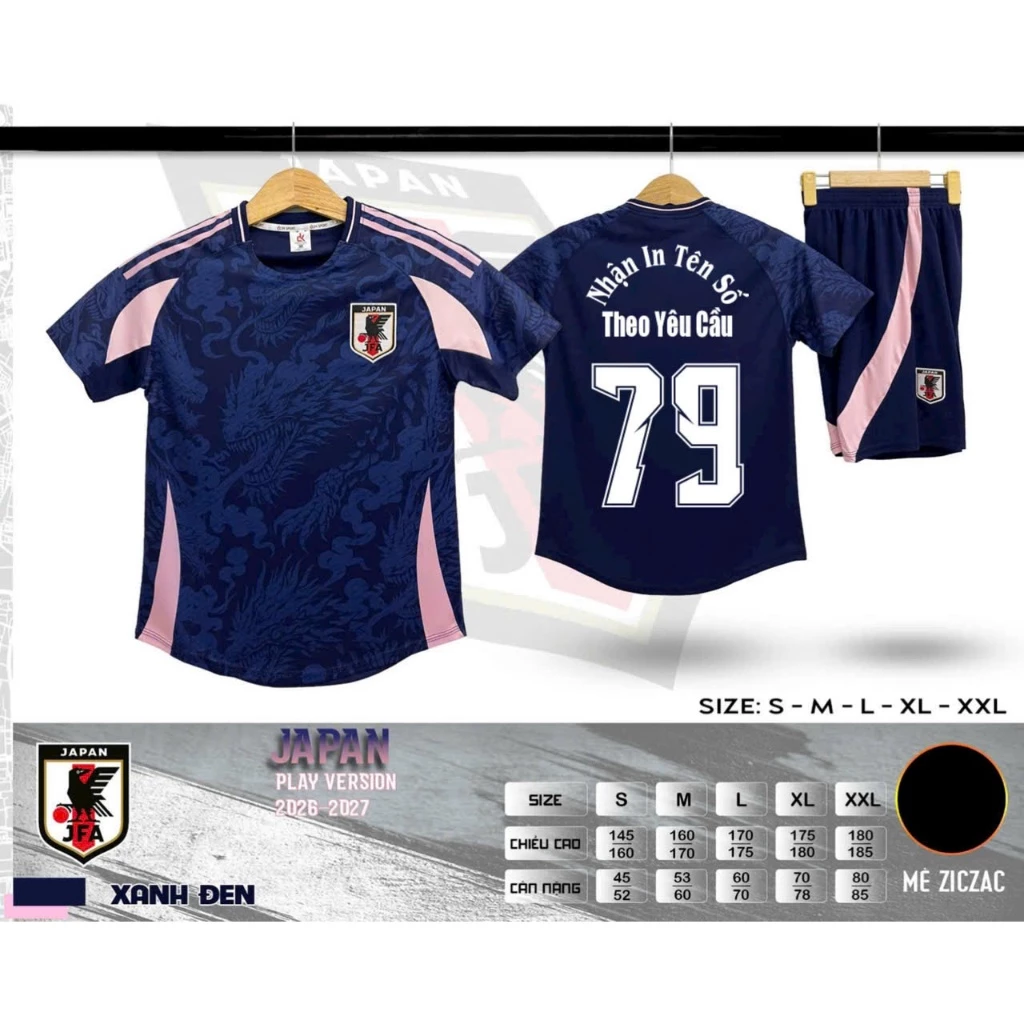 Bộ Quần Áo Đá Banh Nhật Xanh Đen 2025 (Nhận In Tên Số) Thun Mè Cao Cấp Logo Thêu Nam Nữ Top Sport
