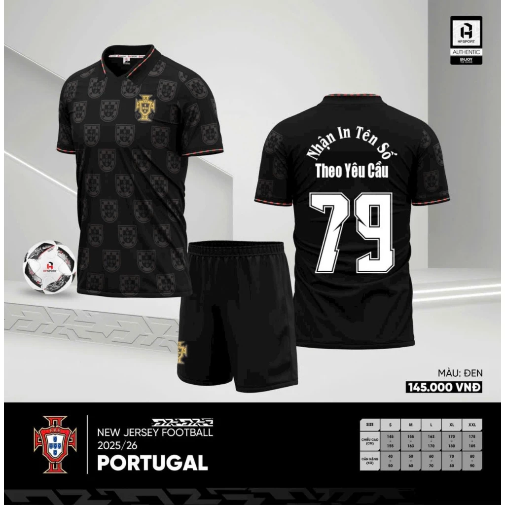 Bộ Quần Áo Đá Banh Bồ Đào Nha Đen 2025 (Nhận In Tên Số) Thun Mè Cao Cấp Logo Thêu Nam Nữ Top Sport