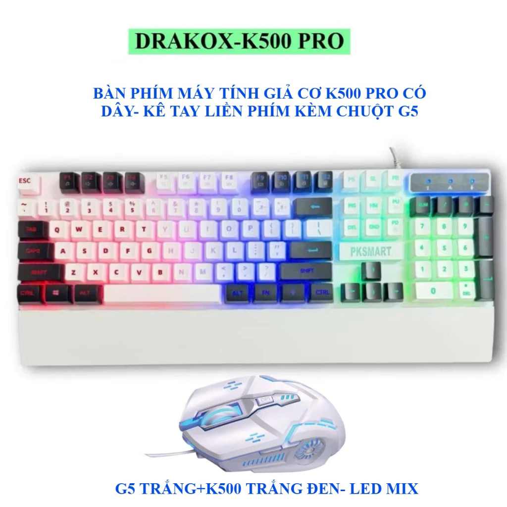 DRAKOX K500 PRO+G5 Bàn Phím Giả Cơ Kèm Chuột Có Dây Chơi Game Gõ Êm Độ Nảy Tốt LED Xuyên Chữ Kê Tay Liền Phím