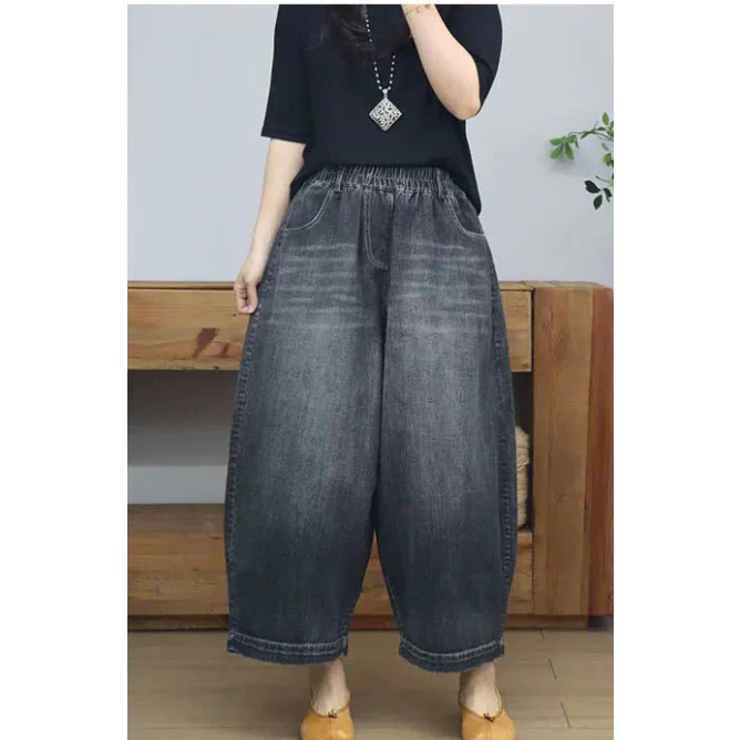 Quần Jean Nữ Ống Suông Form Rộng Cạp Thun  Màu Xanh/Đen | Size 40–80Kg