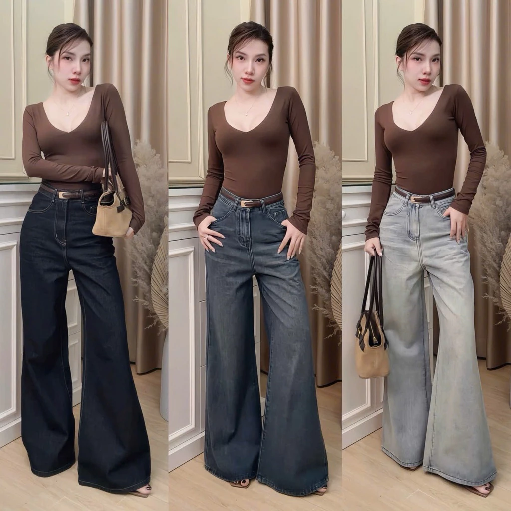 (ỐNG 35CM) - Quần Jeans Nữ Suông Ống Loe Rộng Màu Xanh Basic (Mã14)