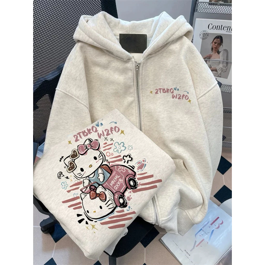 áo hoodie zip hello kitty mèo ngồi xe hình in (CÓ TÚI TRONG), áo khoác mèo forrm rộng hot trend