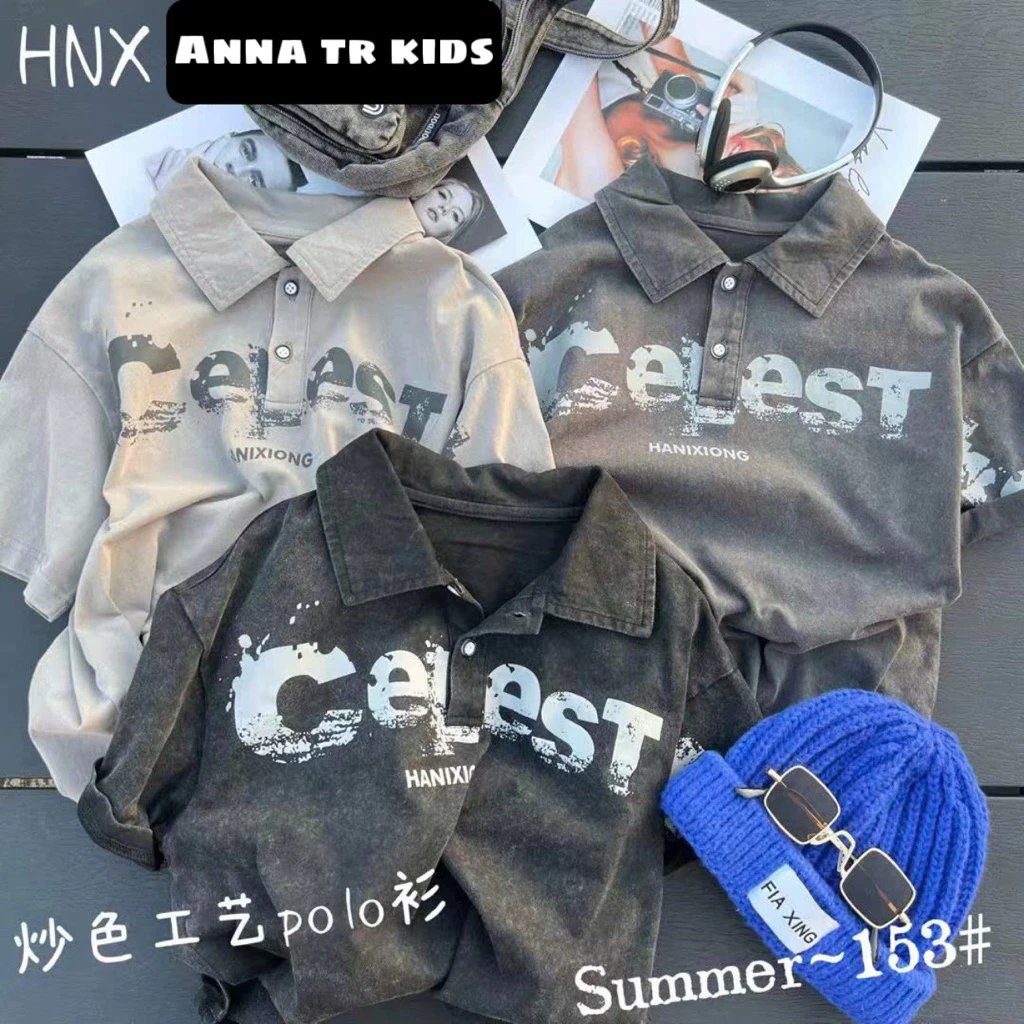 ( Ảnh Thật )[110-150 FORM TO LÙI SIZE] 518002 Áo Thun polo in chữ CELEST Quảng châu Bé Trai mùa xuân 2026