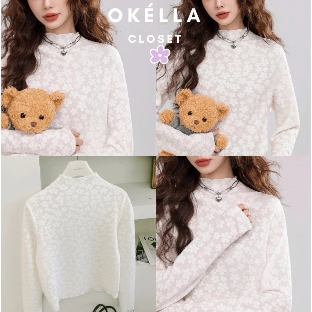[SẴN] Áo Ren thun mỏng xô hoa mai giữ nhiệt cổ nhún viền sóng LIZZY TOP Okélla