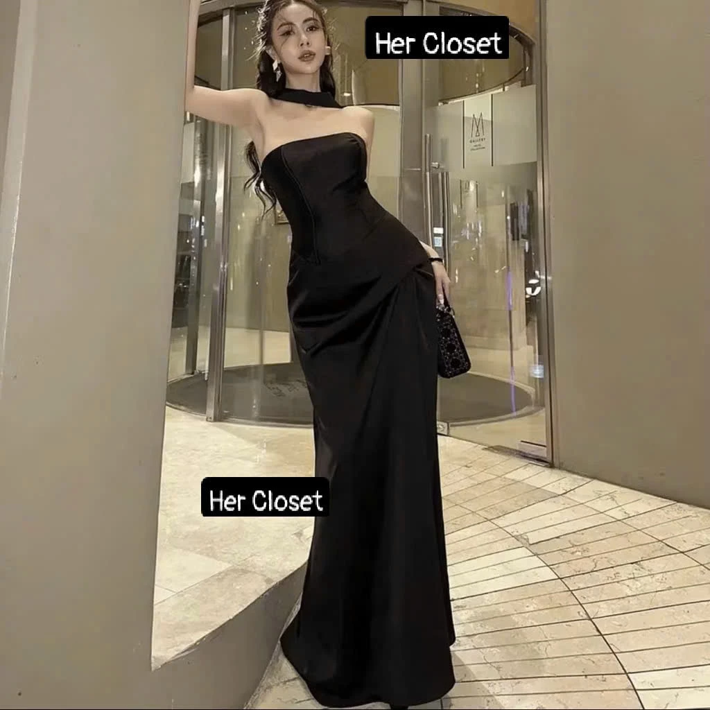 [VÁY THIẾT KẾ] Váy lụa corset cổ choker kèm khăn choàng dáng dài, đầm quây ôm body sang chảnh, váy maxi lụa đi tiệc,sẵ..