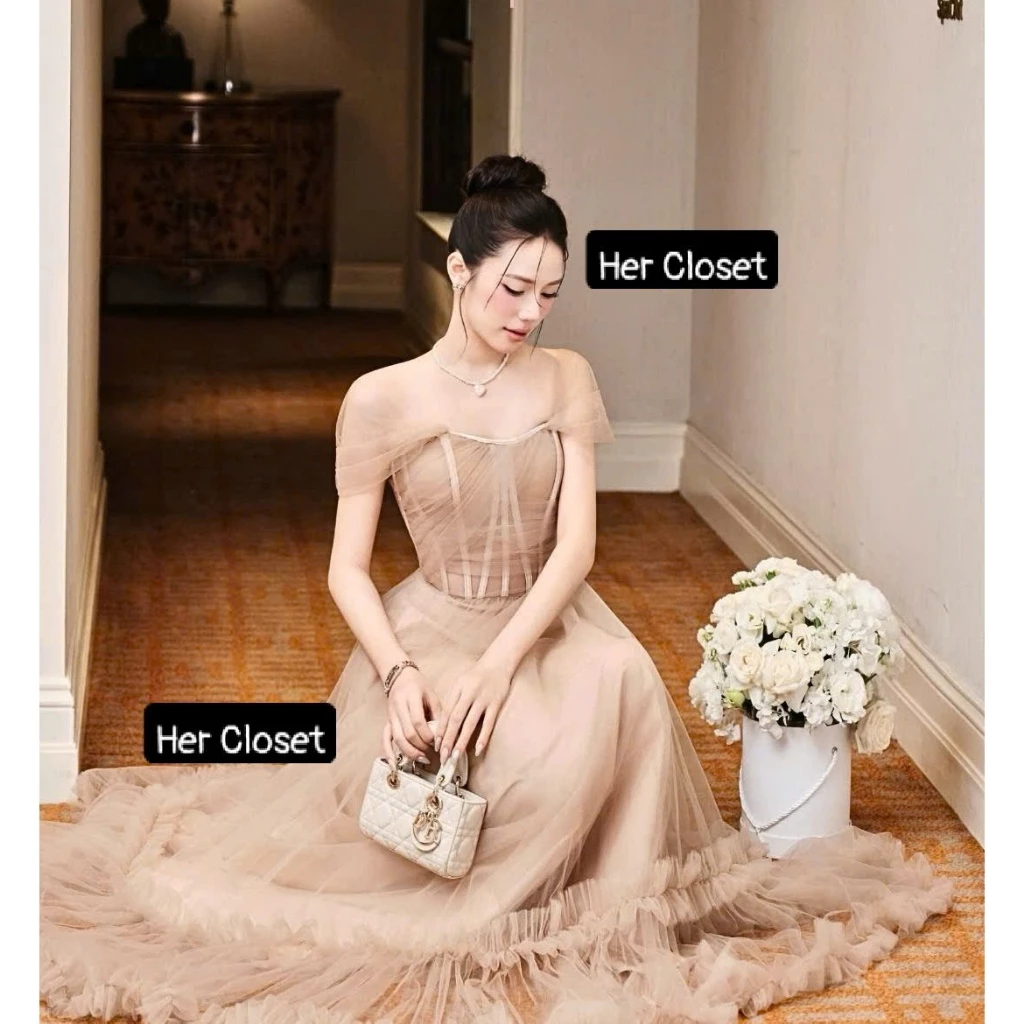 [VÁY THIẾT KẾ] Váy trễ vai dáng dài đầm maxi voan lưới tầng sang chảnh, váy maxi đi tiệc, đầm dự tiệc thanh lịch, sẵ..