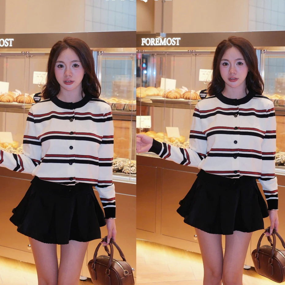 Áo cardigan kẻ đỏ - đen, Áo len dệt kim cao cấp basic - Áo Khoác Len Dà Tay Kẻ Sọc Ngang Siêu HOTHIT