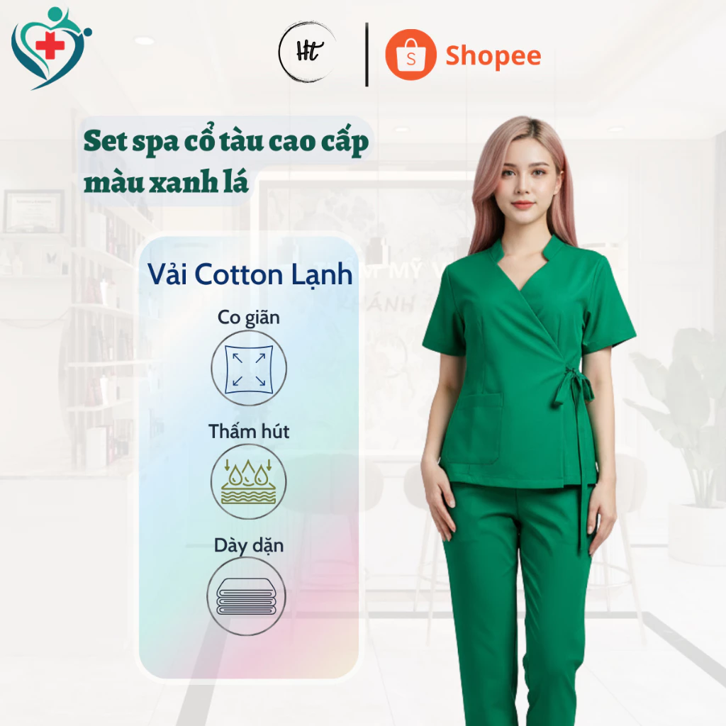 Quần áo Spa Cổ Tàu Cao Cấp màu xanh lá chuyên dùng cho nữ tiệm thẩm mỹ, spa, beauty, nail, dưỡng sinh