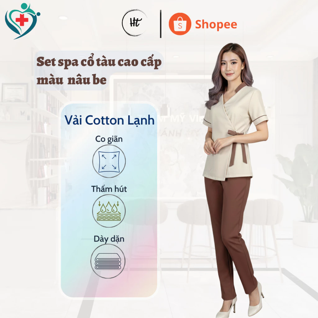 Quần áo Spa Cổ Tàu Cao Cấp màu nâu be chuyên dùng cho nữ tiệm thẩm mỹ, spa, beauty, nail, dưỡng sinh