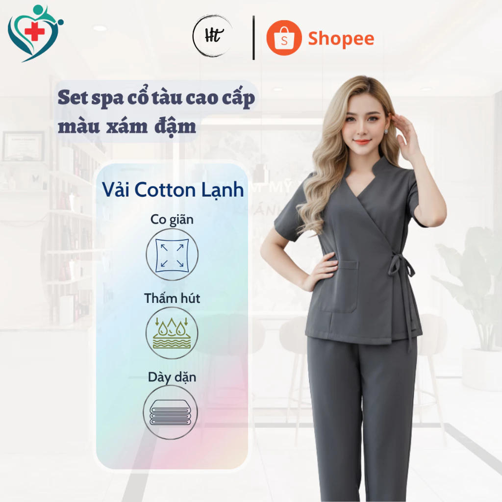 Quần áo Spa Cổ Tàu Cao Cấp màu xám đậm chuyên dùng cho nữ tiệm thẩm mỹ, spa, beauty, nail, dưỡng sinh