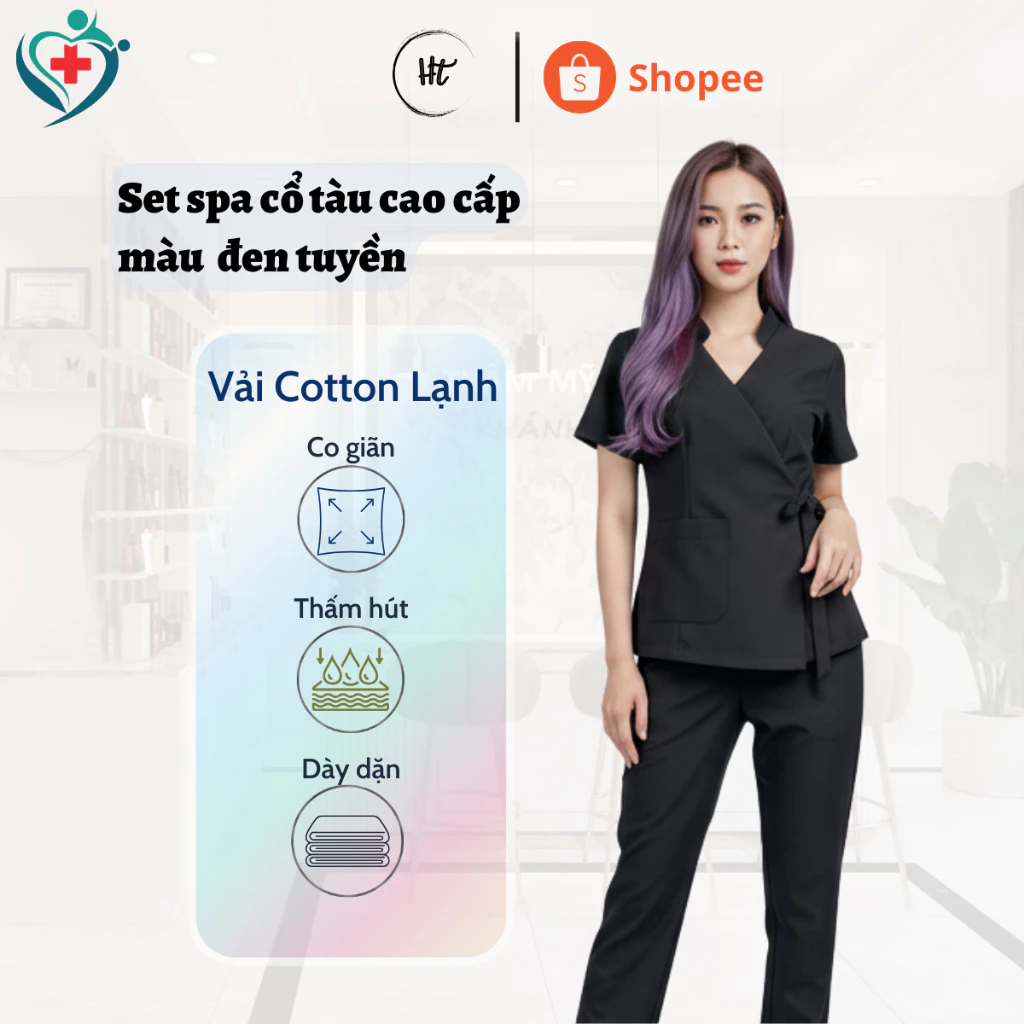 Quần áo Spa Cổ Tàu Cao Cấp màu đen tuyền chuyên dùng cho nữ tiệm thẩm mỹ, spa, beauty, nail, dưỡng sinh