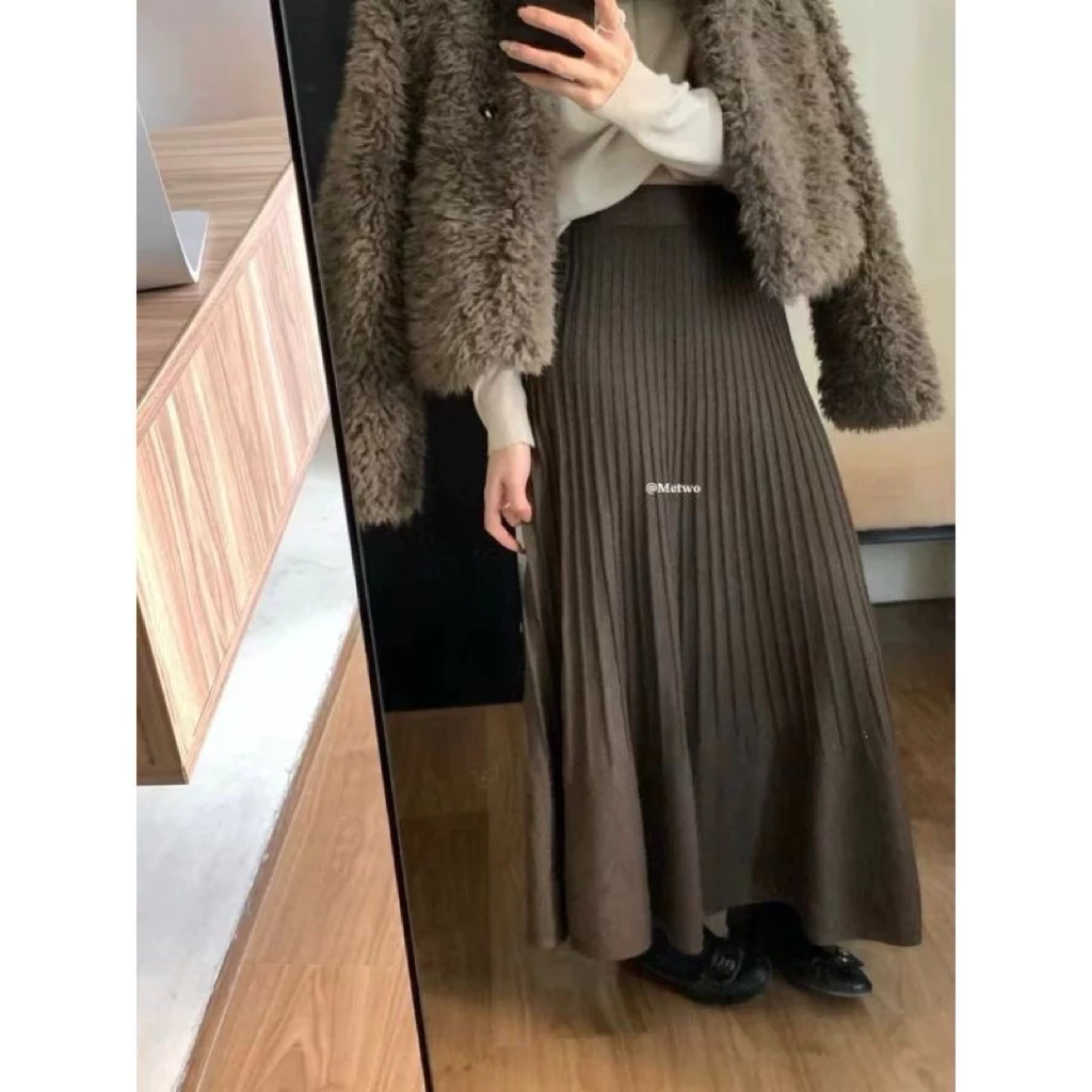 Chân váy len dệt kim xếp ly dáng dài midi/maxi cạp chun co giãn, váy basic công sở dạo phố (đen/kem/nâu)
