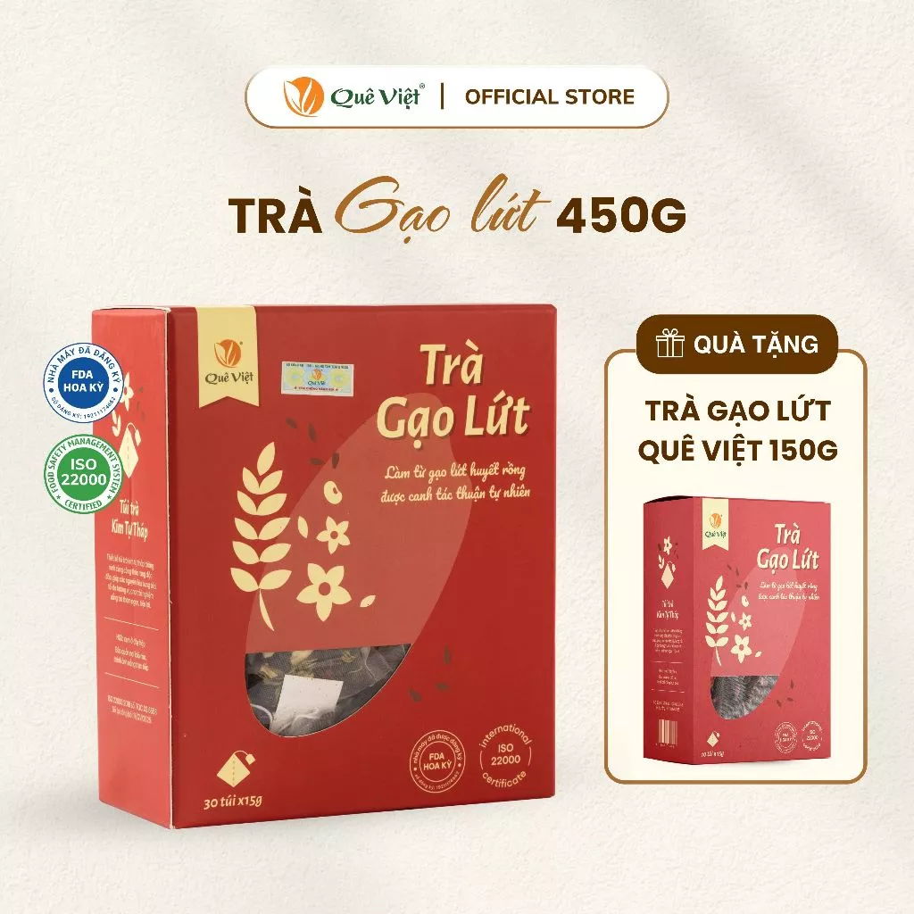 [KOL] Mua 1 hộp Trà gạo lứt Quê Việt 450g (30 túi x 15g) - Tặng 1 trà gạo lứt Quê Việt 150g (10 túi  x 15g)