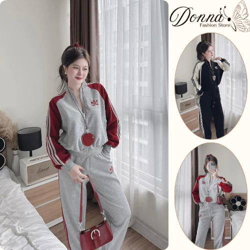 Set đồ nữ, đồ bộ nữ DONNA HCOM3672 chất nỉ bông phối 2 màu quần suông bo gấu trẻ trung