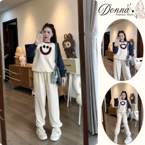 Set đồ nữ, đồ bộ nữ DONNA HCOM3276 áo phối 2 màu in hoạ tiết dễ thương mix quần suông bo gấu