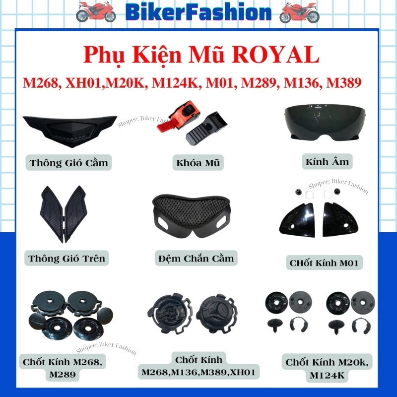 Tổng Hợp Phụ Kiện Mũ Bảo Hiểm Royal M268, XH01, M136, M01, M124k, M20k, M389, M289 - Chốt Kính, Thông Gió, Khóa Mũ
