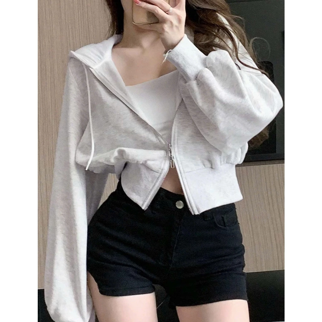 Áo Khoác Hoodie Zip Croptop khóa kéo 2 chiều, vải nỉ 2 da thoáng mát, phong cách Hàn quốc, trẻ trung, năng động