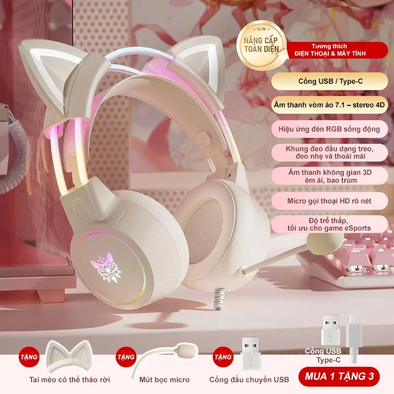 Tai nghe Chụp tai Chơi game âm thanh nổi ONIKUMA X15 tai Mèo Màu Hồng Trắng, Có Micrô/ Đèn RGB, cho PC/ Máy tính/ Laptop