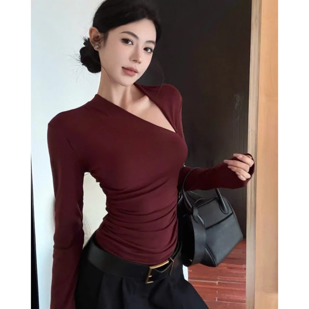Áo tay dài ôm thun cổ lệch đen/đỏ F2 bigsize - Orimi