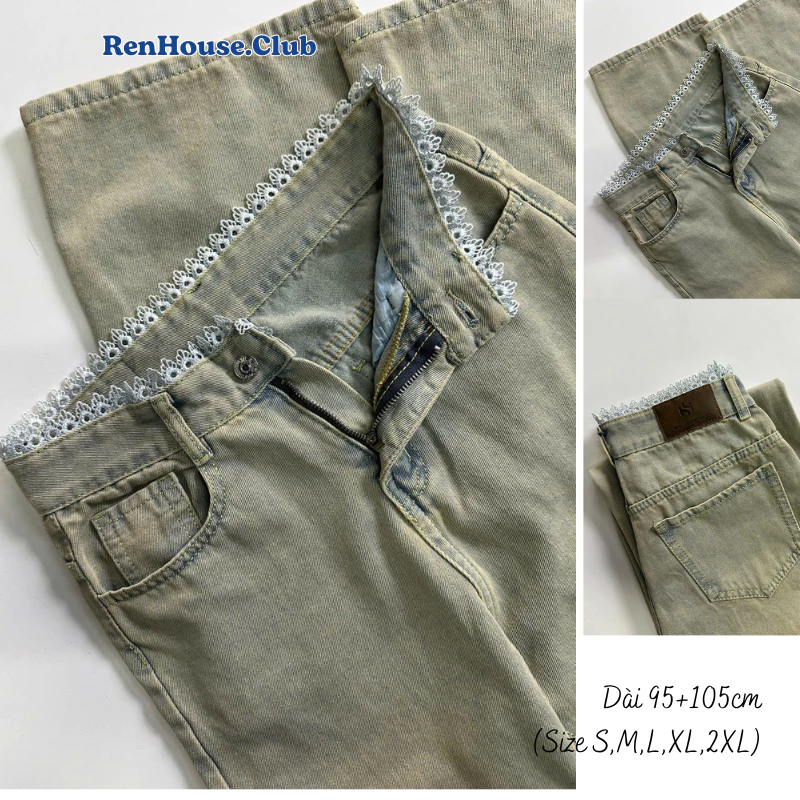 Quần jean ống rộng CẠP REN eo cao, Quần Jeans Ống Suông Ver1 CalemClubb nhiều màu tôn dáng  Nam Nữ Renhouse 95+105cm