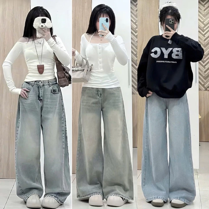 Quần Jeans Nữ Ống Rộng Cạp Cao Màu Wash NAGUU Tôn Dáng, Quần Bò Suông Vải Demin Cao Cấp