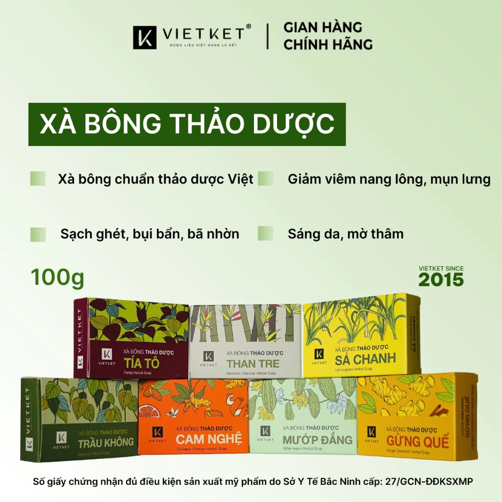 Xà Bông Tắm Thảo Dược VIETKET 100g Giúp Sạch Da, Sáng Da, Giảm Mụ.n, Mờ Thâm, Dưỡng Ẩm